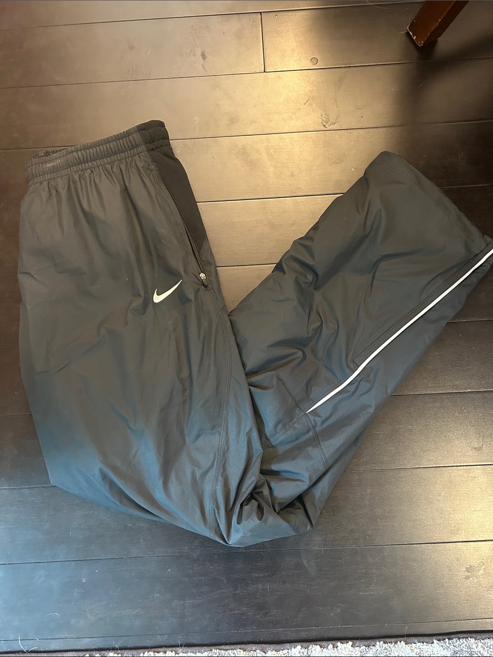 Nike Black Track Pants with White Swoosh and Side Piping Size L
